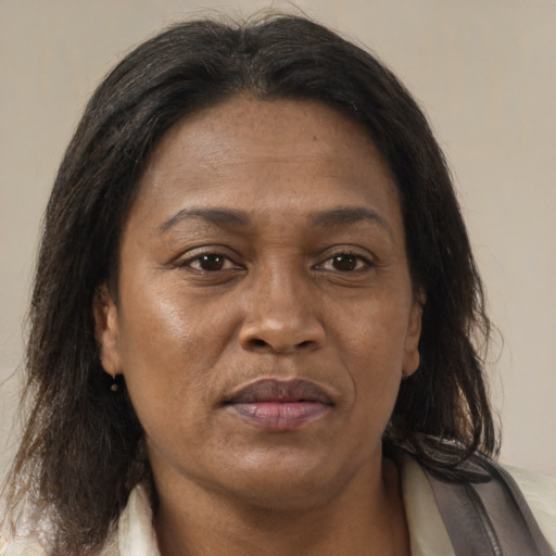 Joyful asian adult female with medium  brown hair and brown eyes