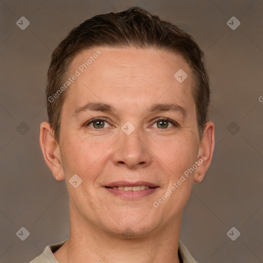 Joyful white adult male with short  brown hair and grey eyes