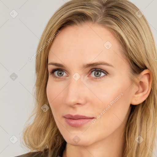 Neutral white young-adult female with long  brown hair and brown eyes