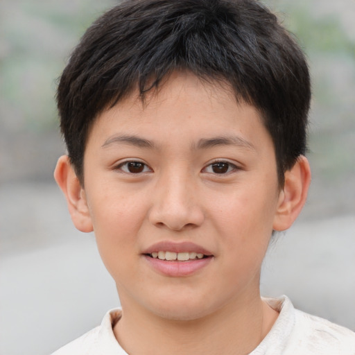 Joyful asian child male with short  brown hair and brown eyes