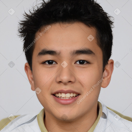 Joyful asian young-adult male with short  brown hair and brown eyes