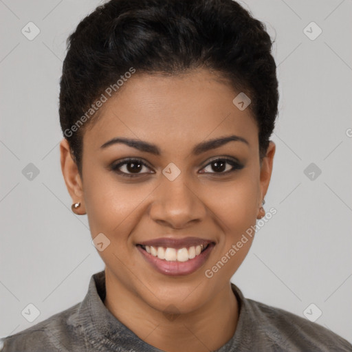 Joyful latino young-adult female with short  brown hair and brown eyes