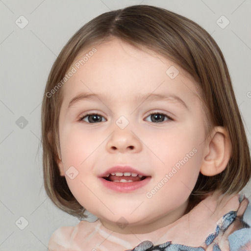 Joyful white child female with medium  brown hair and brown eyes