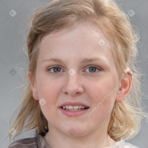 Joyful white young-adult female with medium  brown hair and blue eyes