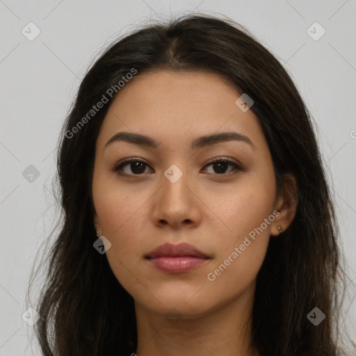 Neutral latino young-adult female with long  brown hair and brown eyes