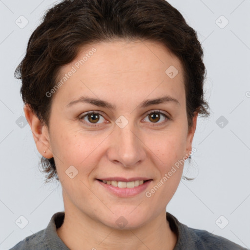 Joyful white adult female with short  brown hair and brown eyes