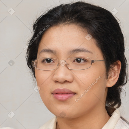 Joyful white young-adult female with medium  brown hair and brown eyes