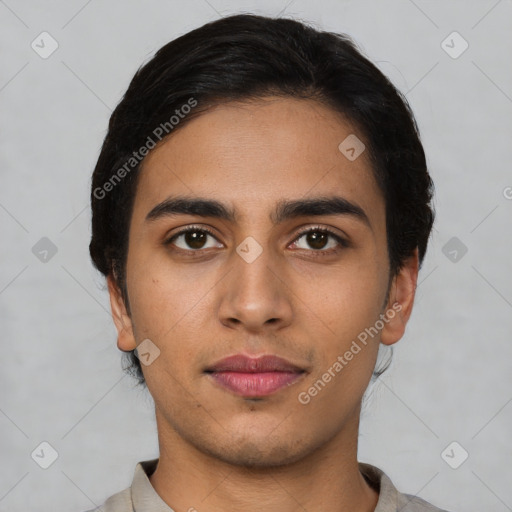 Neutral latino young-adult male with short  black hair and brown eyes