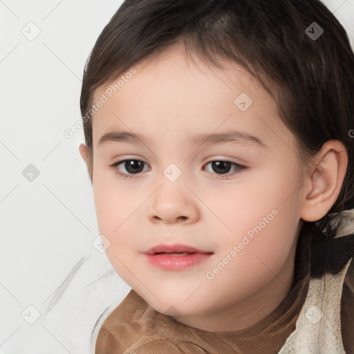 Joyful white child female with medium  brown hair and brown eyes