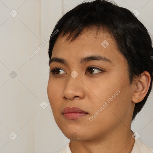 Neutral asian young-adult female with short  black hair and brown eyes