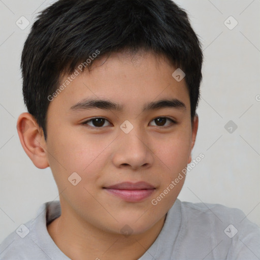 Joyful asian child male with short  brown hair and brown eyes