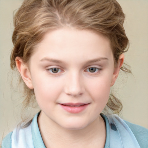 Joyful white child female with medium  brown hair and blue eyes