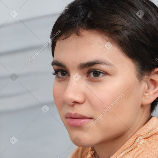 Neutral white young-adult female with short  brown hair and brown eyes