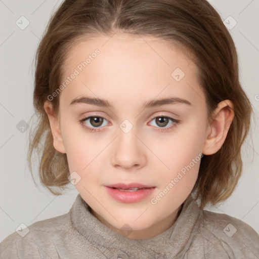 Joyful white child female with medium  brown hair and brown eyes