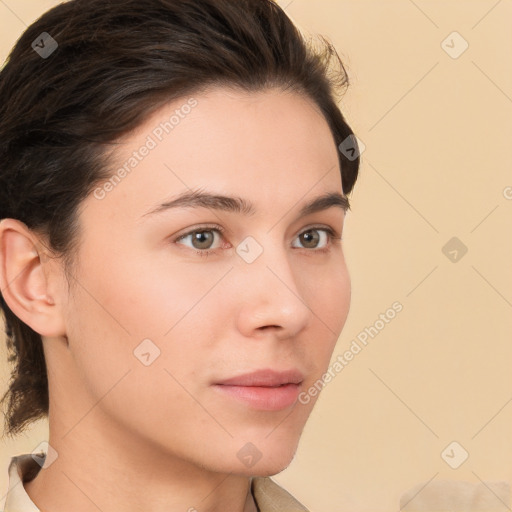 Neutral white young-adult female with short  brown hair and brown eyes