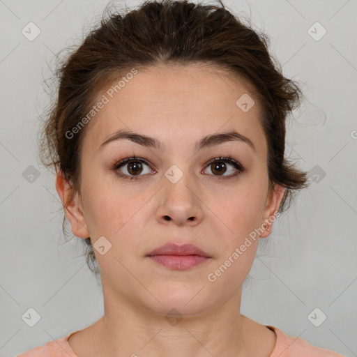 Neutral white young-adult female with medium  brown hair and brown eyes