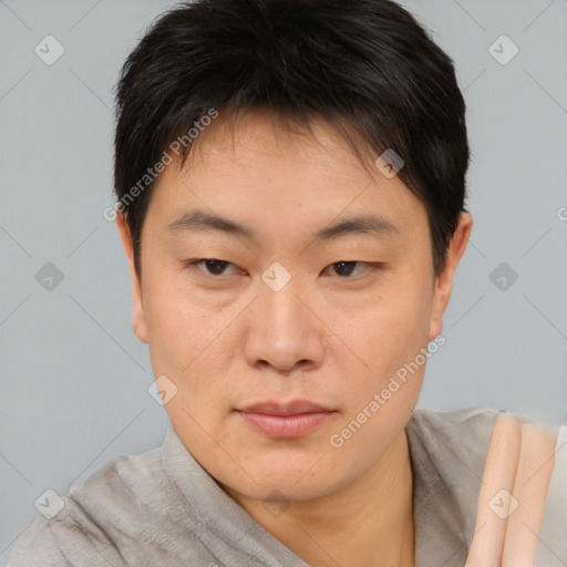 Neutral asian young-adult male with short  brown hair and brown eyes