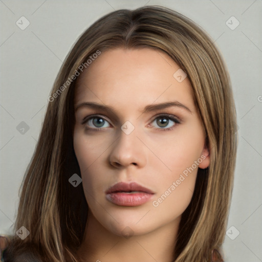 Neutral white young-adult female with long  brown hair and grey eyes