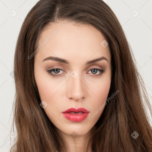 Neutral white young-adult female with long  brown hair and brown eyes