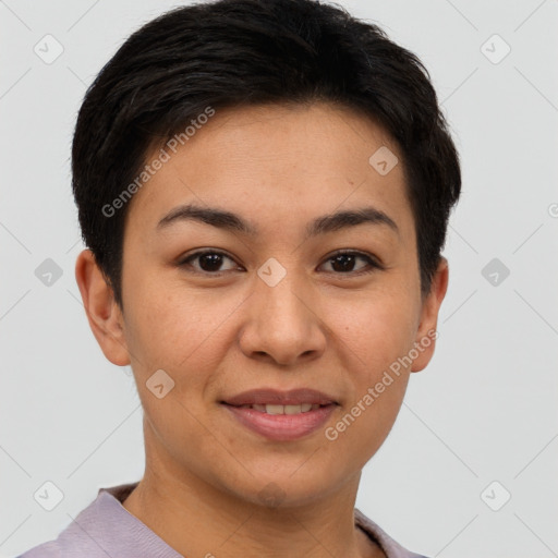 Joyful asian young-adult female with short  brown hair and brown eyes