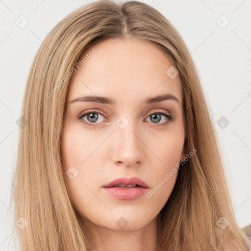 Neutral white young-adult female with long  brown hair and brown eyes