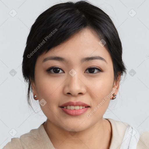Joyful asian young-adult female with medium  black hair and brown eyes