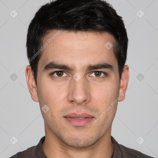 Neutral white young-adult male with short  brown hair and brown eyes