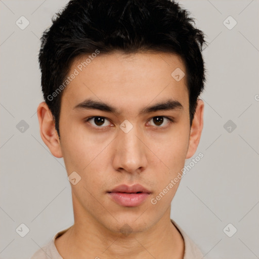 Neutral asian young-adult male with short  black hair and brown eyes