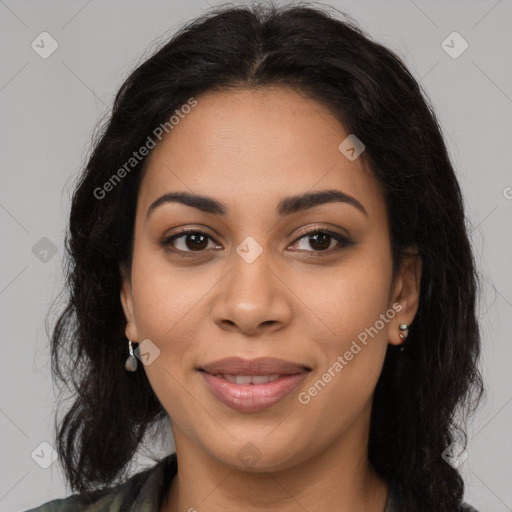 Joyful latino young-adult female with long  brown hair and brown eyes