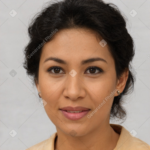 Joyful latino young-adult female with short  brown hair and brown eyes