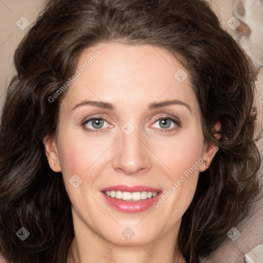 Joyful white young-adult female with medium  brown hair and green eyes