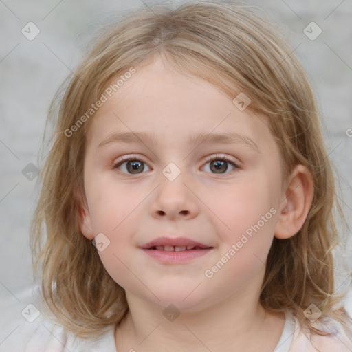 Joyful white child female with medium  brown hair and blue eyes