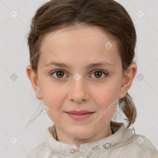 Joyful white child female with medium  brown hair and grey eyes