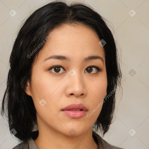 Neutral asian young-adult female with medium  brown hair and brown eyes