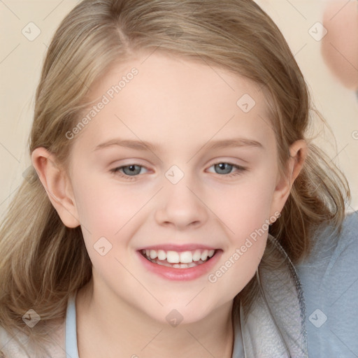 Joyful white child female with medium  brown hair and blue eyes