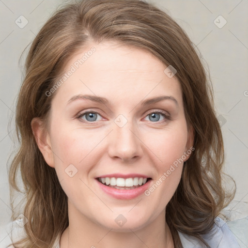 Joyful white young-adult female with medium  brown hair and blue eyes