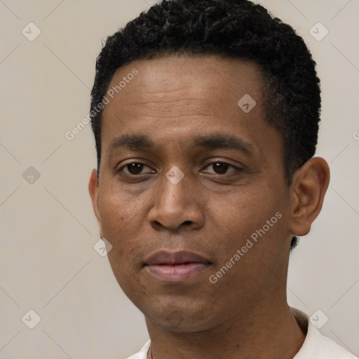 Neutral black adult male with short  black hair and brown eyes