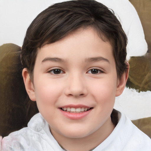 Joyful white child female with short  brown hair and brown eyes