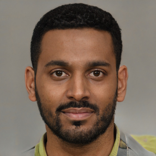 Neutral black young-adult male with short  black hair and brown eyes