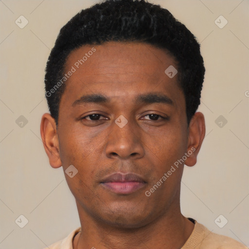 Neutral black young-adult male with short  black hair and brown eyes
