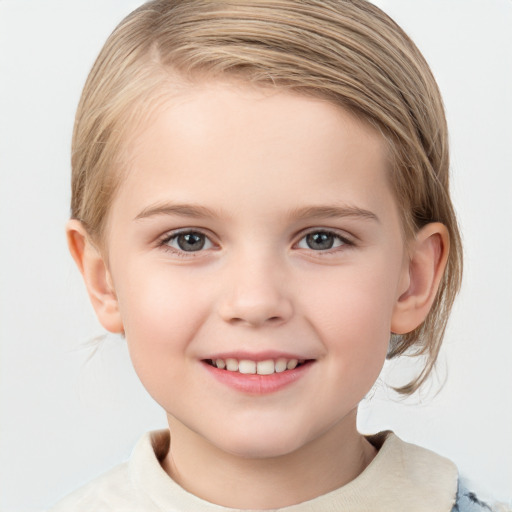 Joyful white child female with medium  brown hair and grey eyes