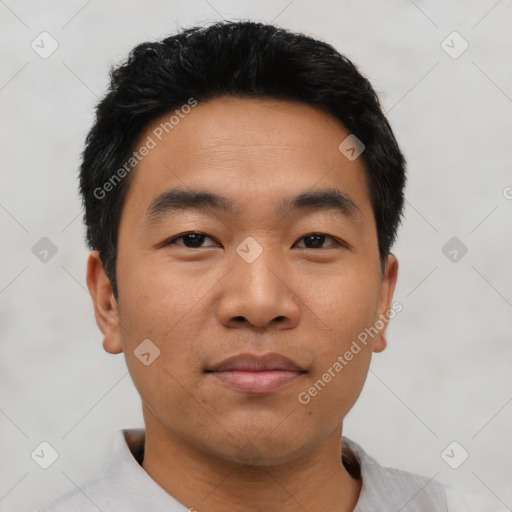 Neutral asian young-adult male with short  black hair and brown eyes