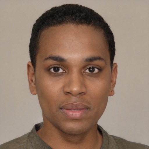 Neutral black young-adult male with short  black hair and brown eyes