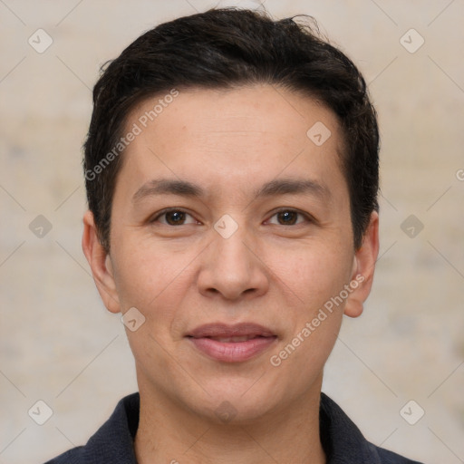 Joyful white adult male with short  brown hair and brown eyes