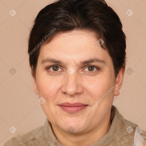 Joyful white adult female with short  brown hair and brown eyes