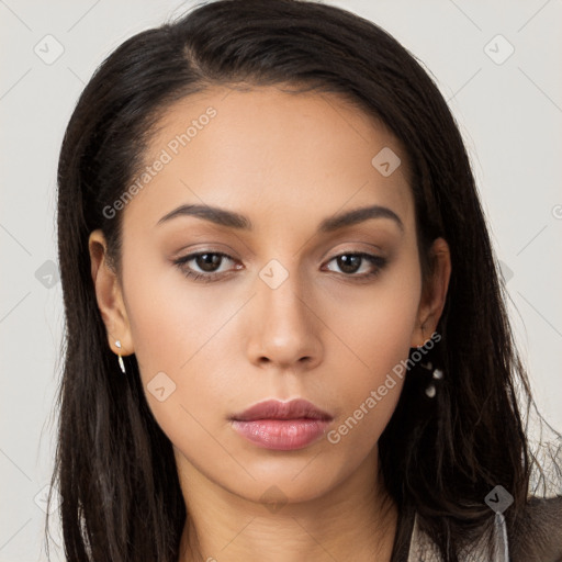 Neutral latino young-adult female with long  brown hair and brown eyes