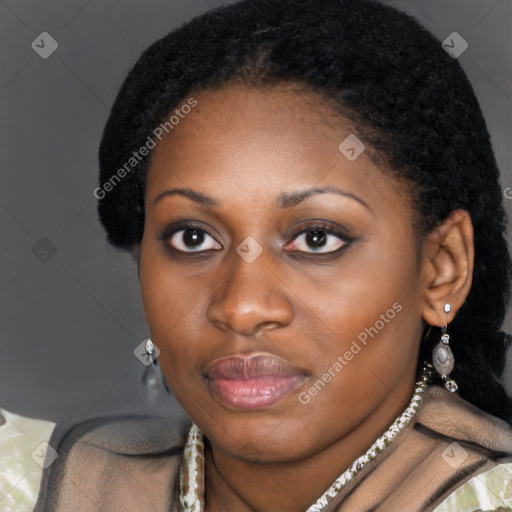 Neutral black young-adult female with short  black hair and brown eyes