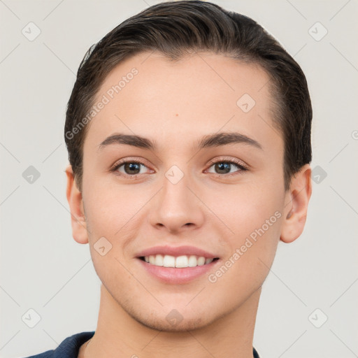 Joyful white young-adult female with short  brown hair and brown eyes