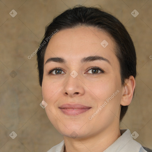 Joyful white young-adult female with medium  brown hair and brown eyes