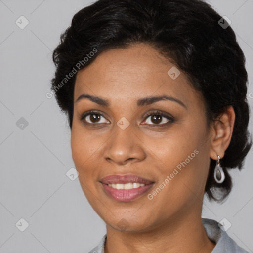 Joyful black young-adult female with medium  black hair and brown eyes